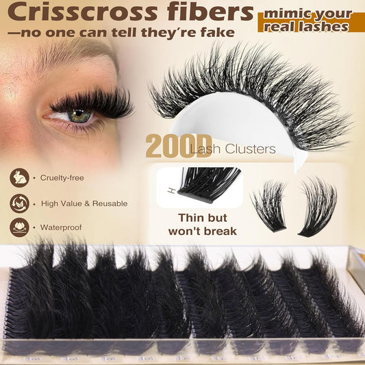 Lash Extension Kit Thick Eyelash Extension Kit 10-18Mm Fluff Volume Lash Clusters 200D Individual Eyelashes Kit with Lashes Bond, Lashes Remover, Lash Tweezers, DIY Lash Extension